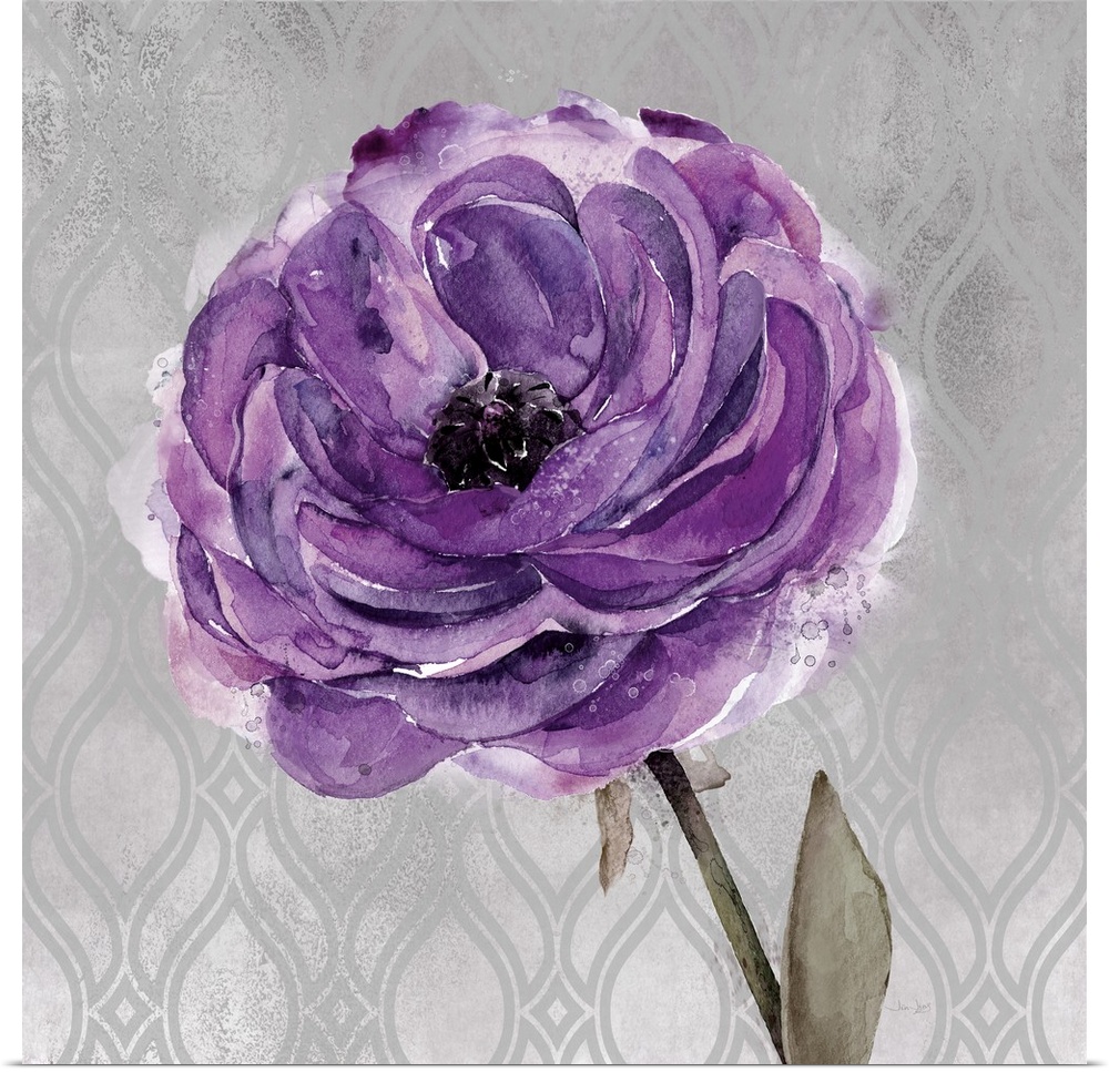 Painting of a purple flower on a gray and silver patterned background.