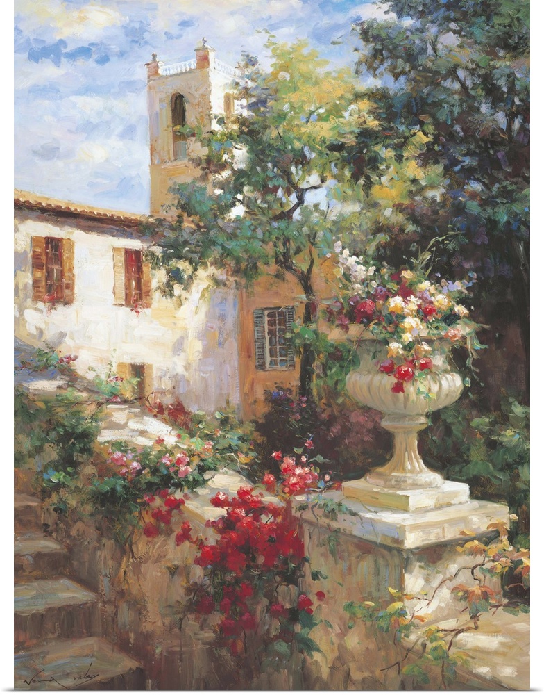 Painting of an urn full of flowers in a garden.