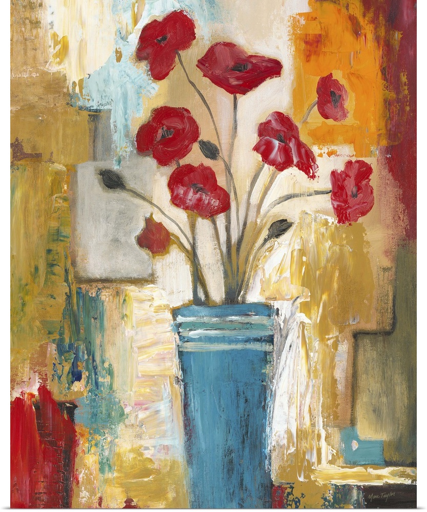 Contemporary still life painting of a blue vase filled with red poppies.