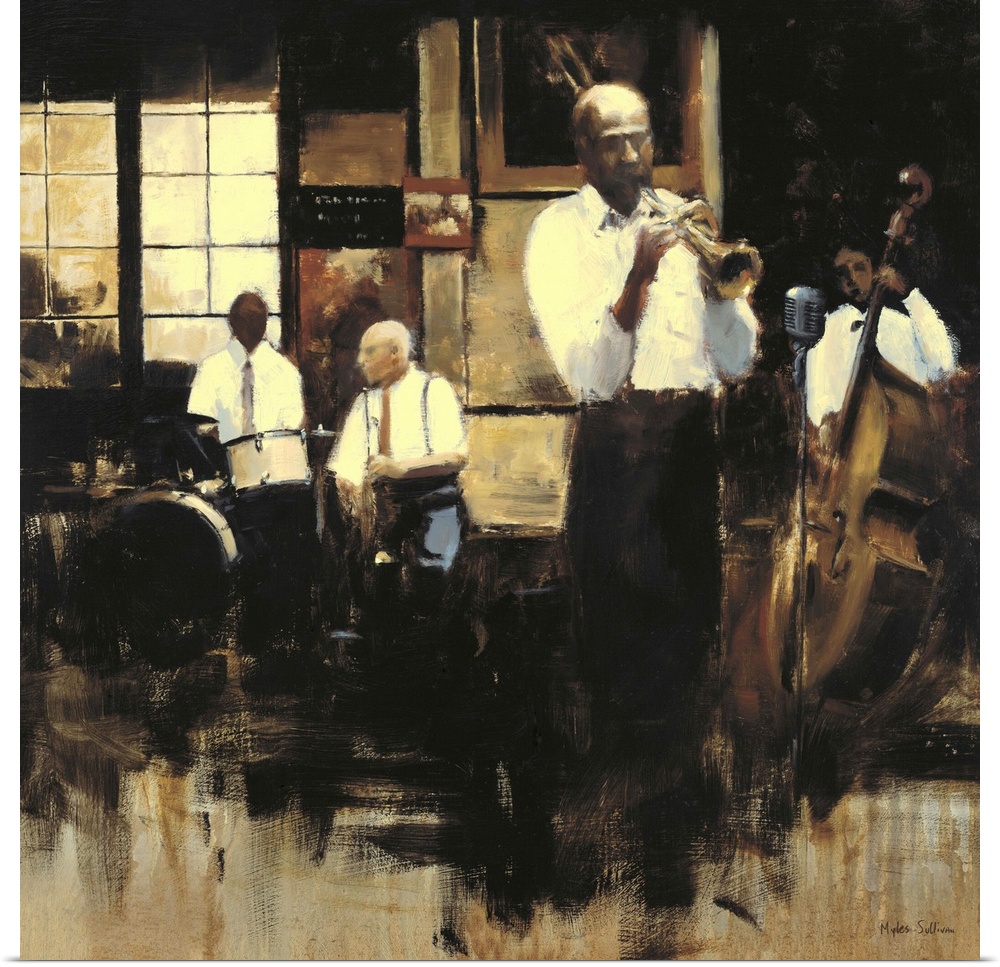 Contemporary painting of a group of jazz musicians, with focus on the trumpet player.