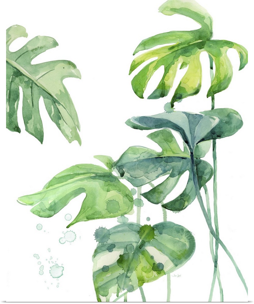 Painting of tropical palm leaves in shades of green and blue on a white background.