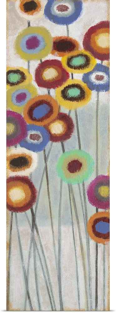 Contemporary abstract painting of colorful flowers on long stems.