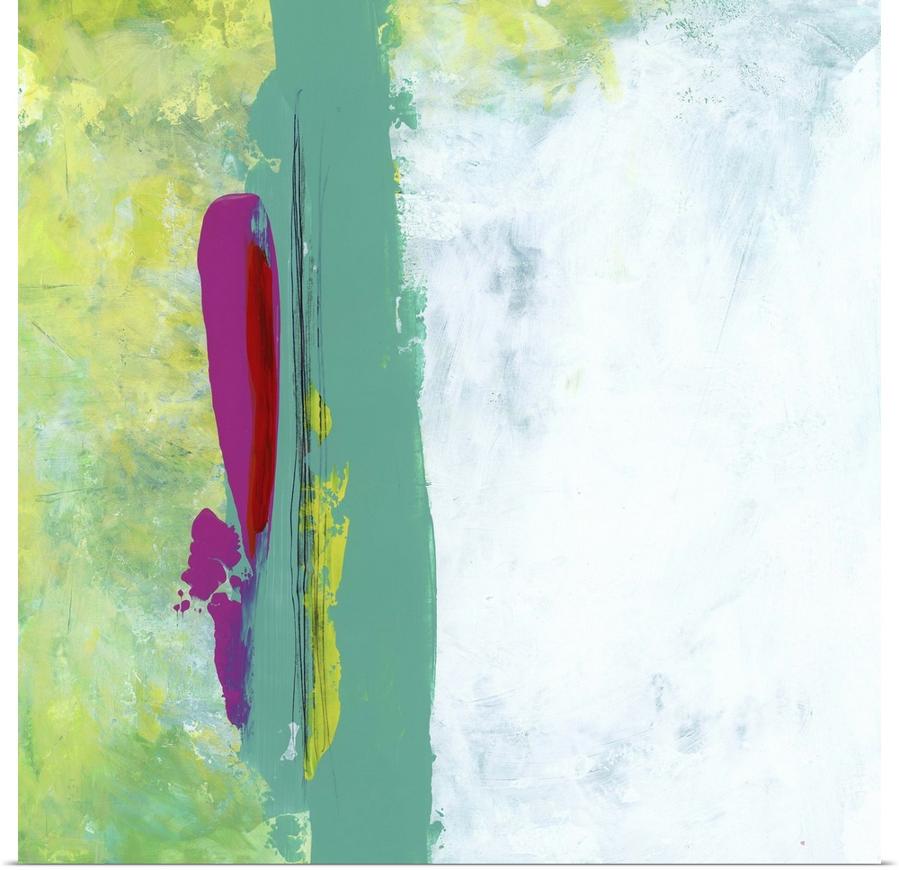 A contemporary abstract painting using a bold green and purple tone against a neutral background with a light green.