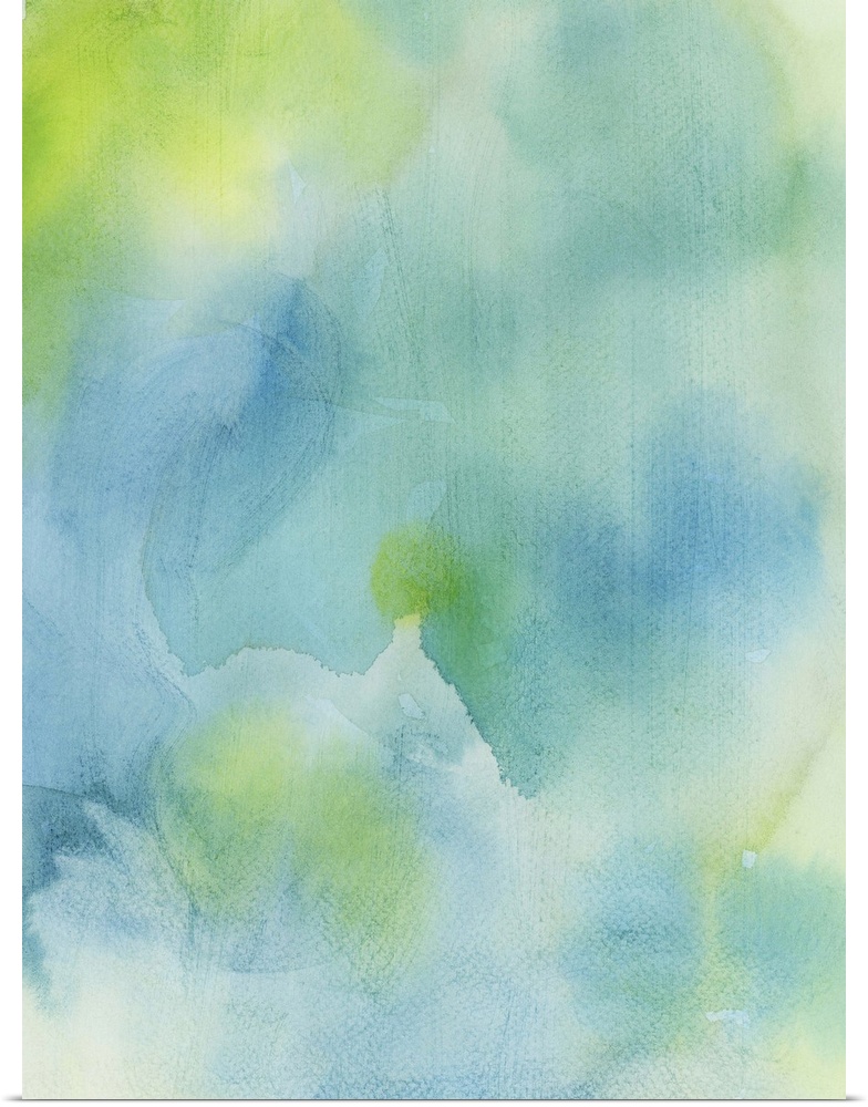 Contemporary abstract painting using soft blue and green tones in watercolors.