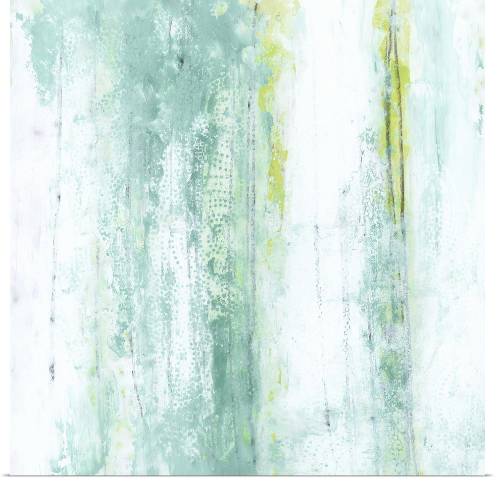 Contemporary abstract painting using using vertical strokes of aqua green and blue against a neutral toned background.