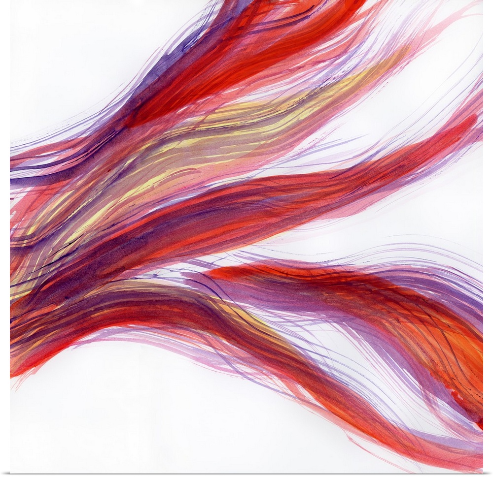 Contemporary abstract painting using tones of purple, red and orange in a flowing movement of sinuous strands of color lik...