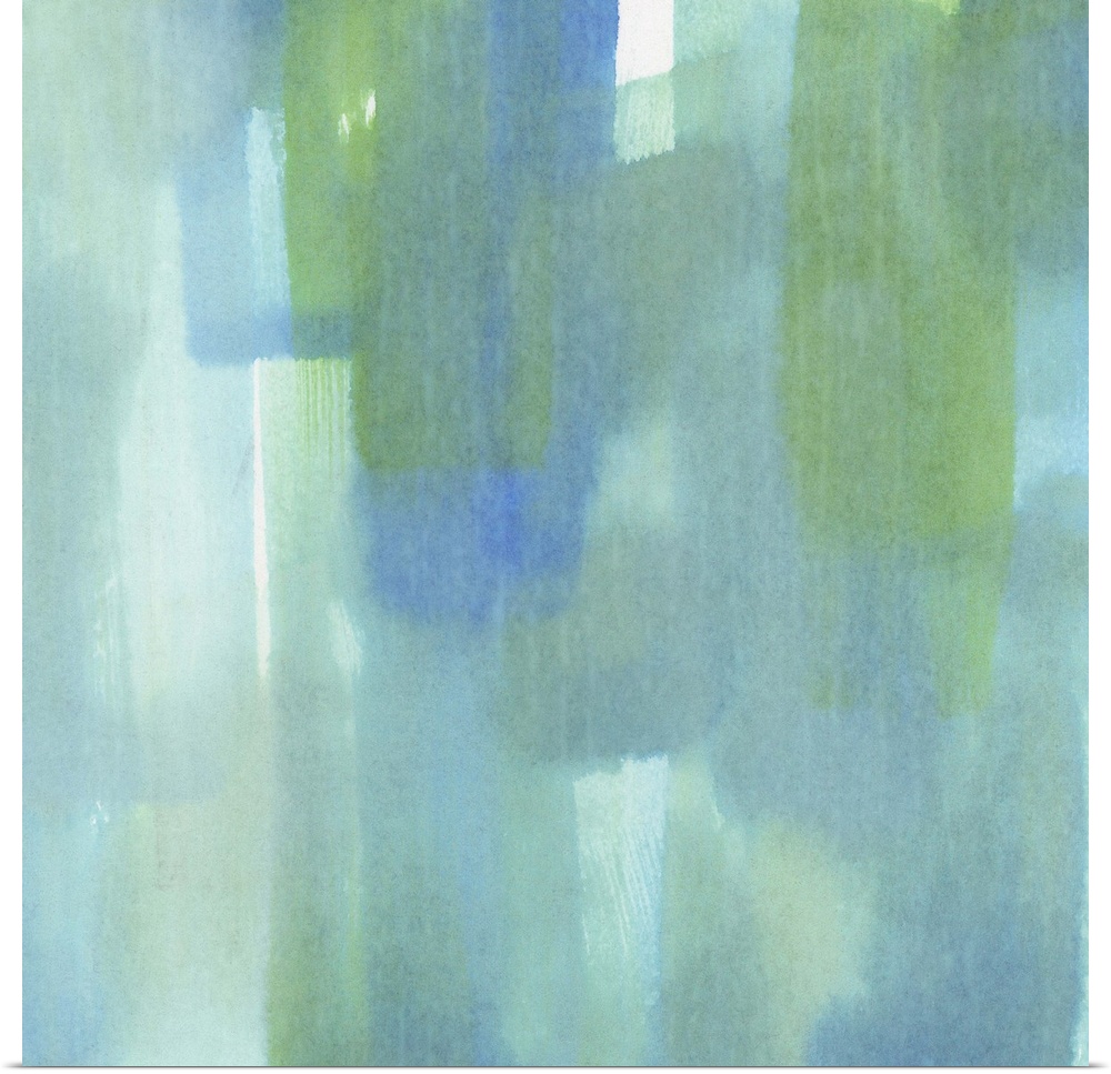 Contemporary abstract painting using vertical wide strokes of turquoise green.