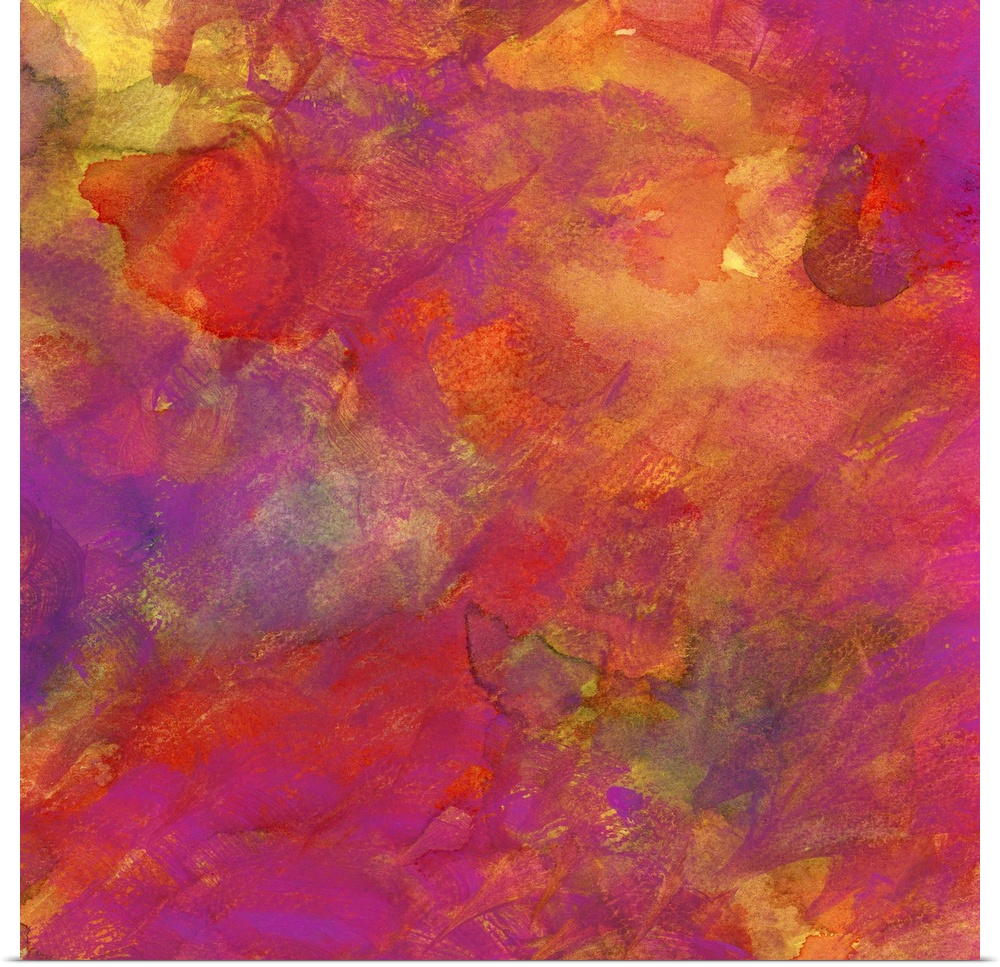 Contemporary abstract painting using vibrant tones of purple orange and pink.