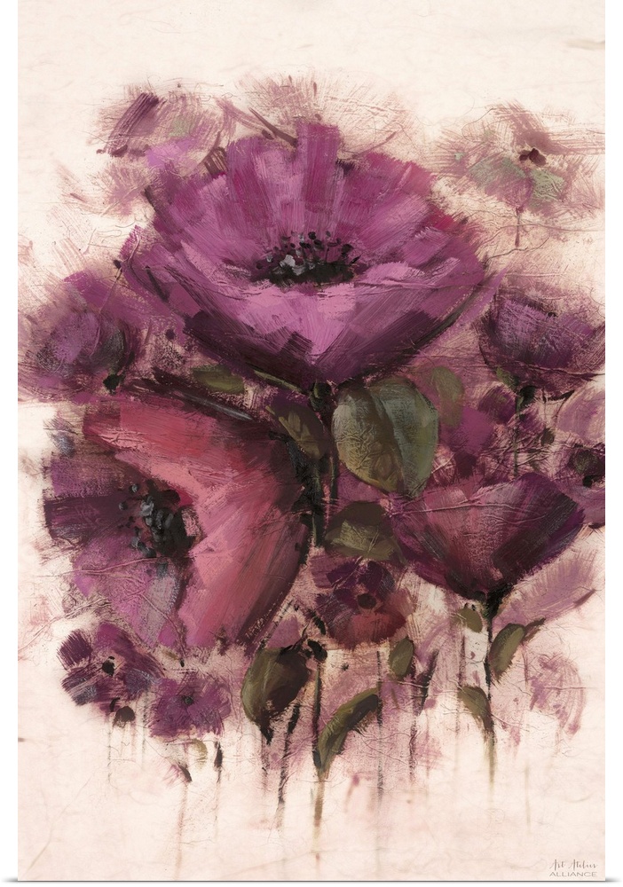 Contemporary artwork of vibrant purple flowers against a cream background.