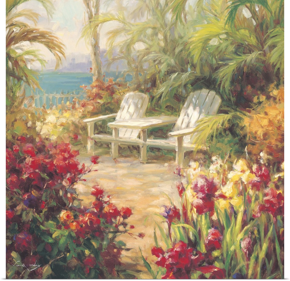 Contemporary painting of a tropical beachside garden with two chairs.