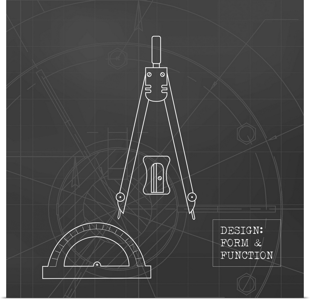 Illustration of a compass, pencil sharpener, and a protractor in a black and white blueprint style with "Design: Form and ...
