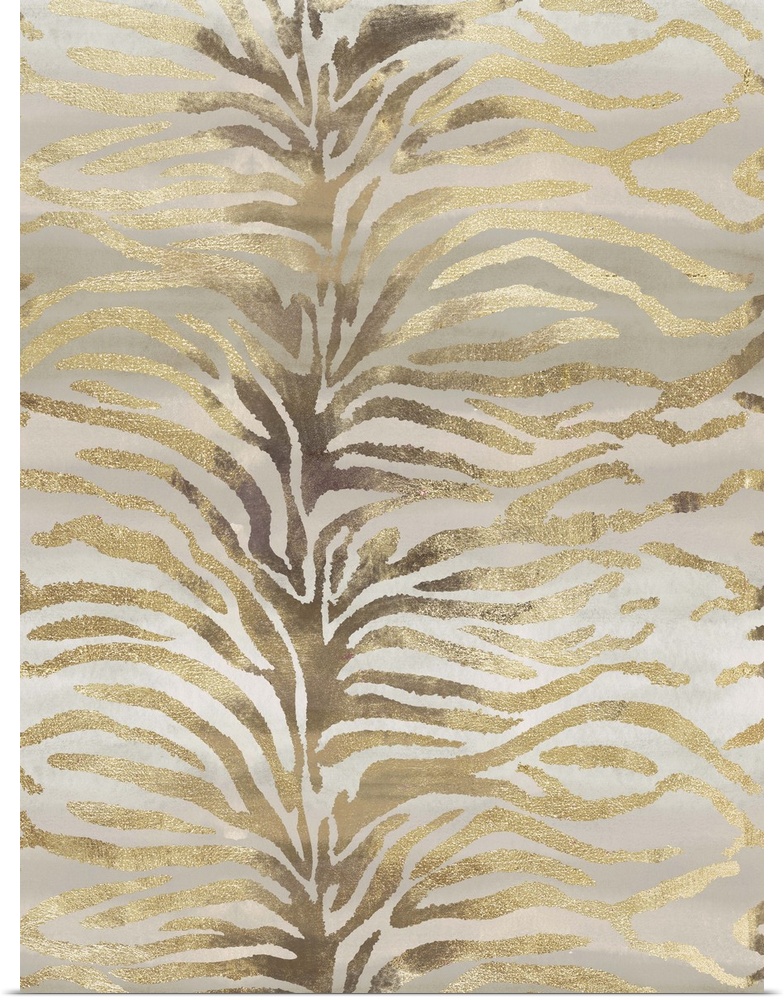 Zebra patterned artwork in shades of grey and gold.