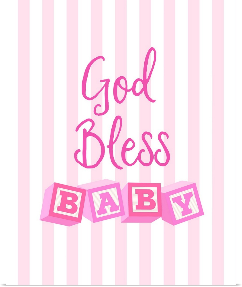 Pink nursery art reading "God bless baby" with letter blocks on stripes.