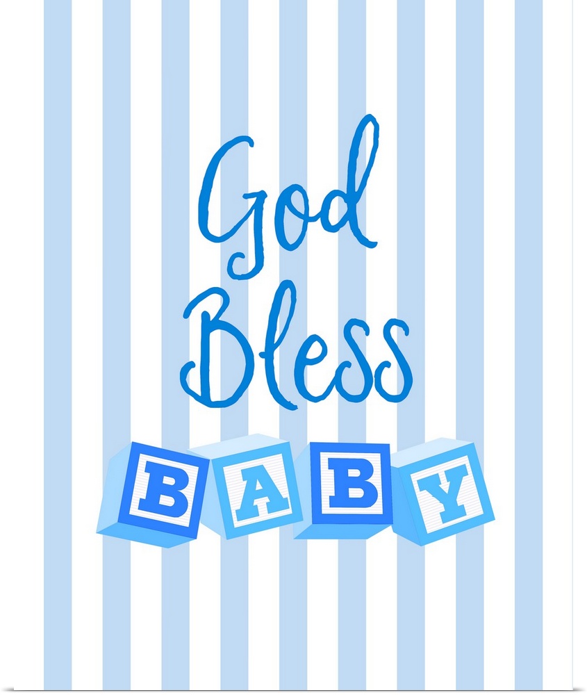 Blue nursery art reading "God bless baby" with letter blocks on stripes.