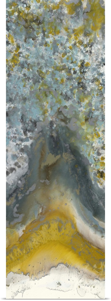 Contemporary abstract painting using tones of brown and yellow mixed with pale turquoise to create what resembles agate te...
