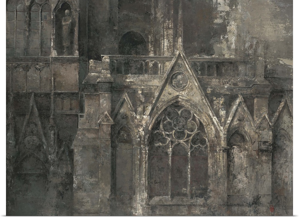 Contemporary painting of the facade of a gothic cathedral.