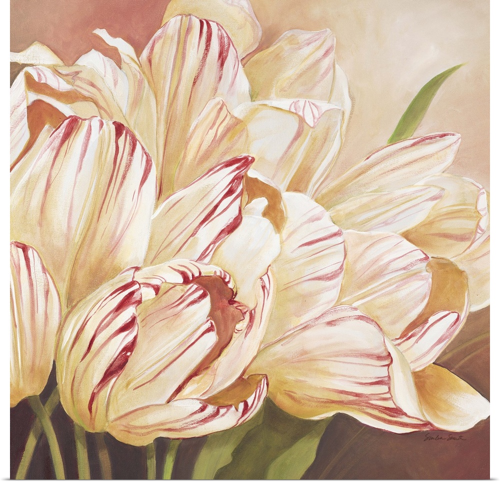 Pastel painting of pale striped tulips in a bouquet.
