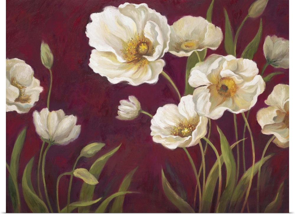 Home decor artwork of white poppies against a deep red background.