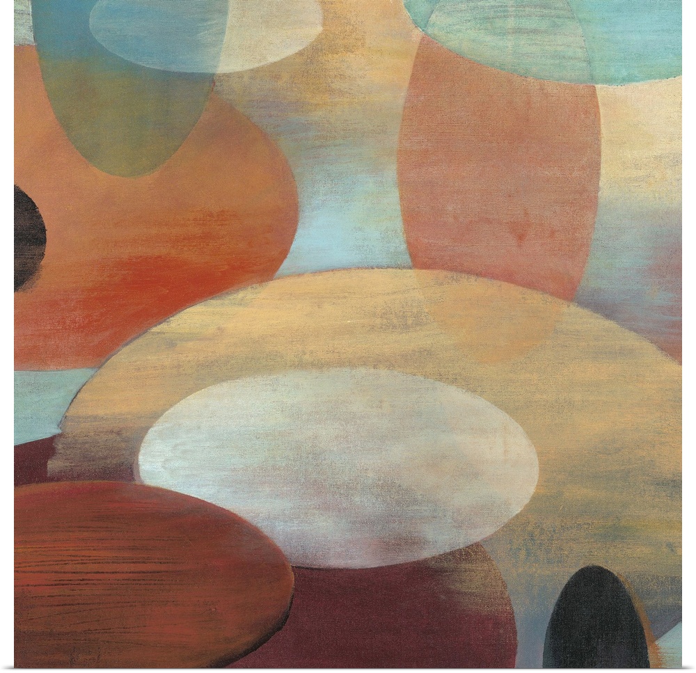 Contemporary abstract painting of organic shapes in pale colors hovering around each other over a multi-colored surface.