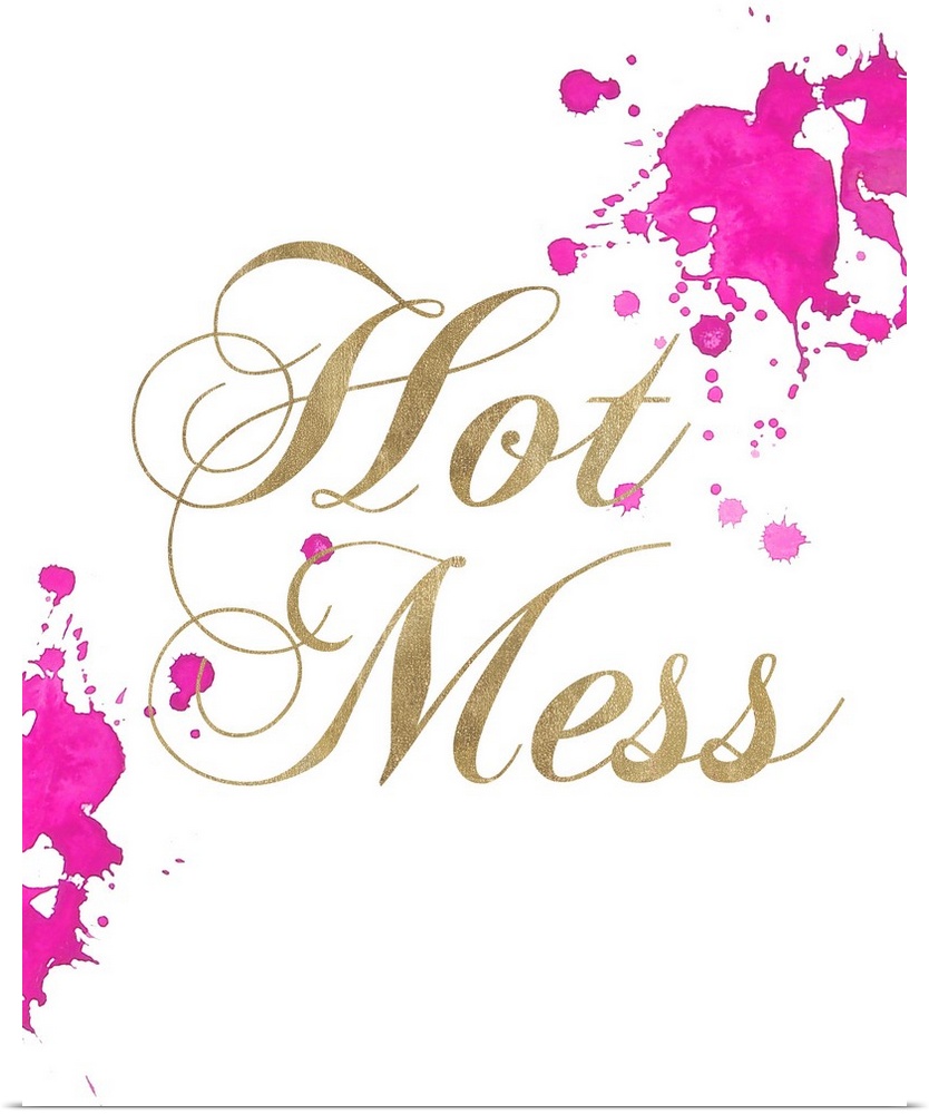 Gold lettering and bright pink splatter marks against a white background.