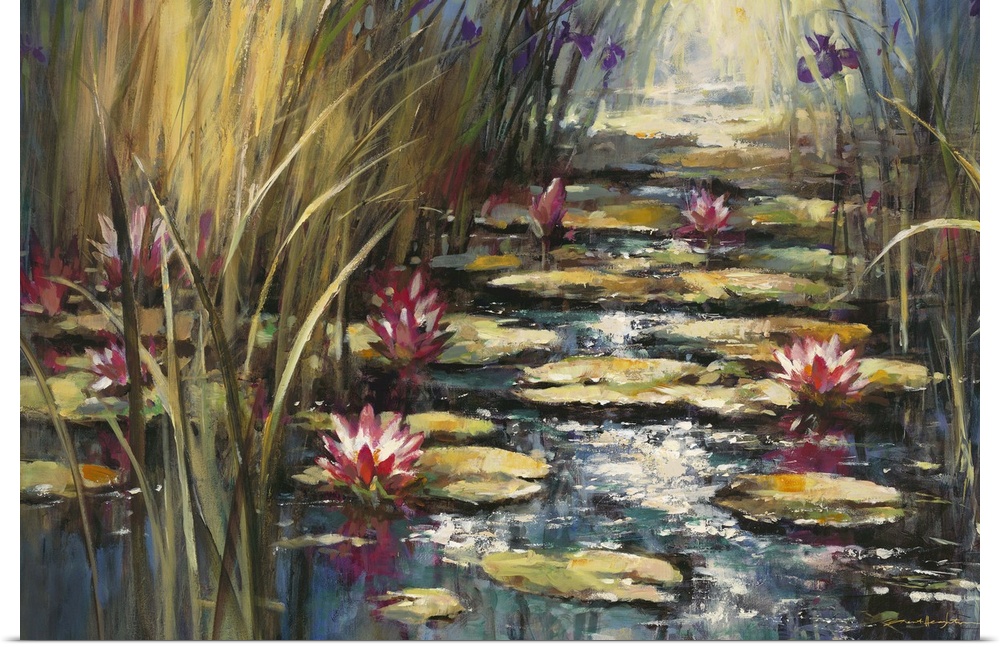 Contemporary painting of pond with colorful waterlilies sitting on top of lily pads.