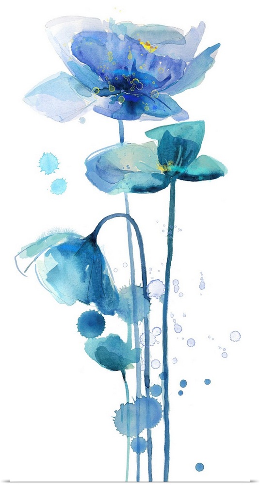 Watercolor painting of poppy flowers in deep blue.