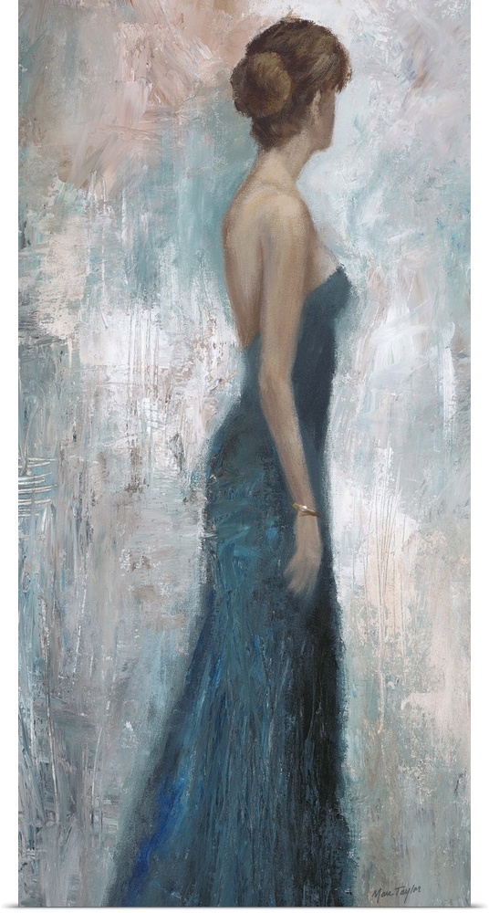 Contemporary painting of a woman wearing a blue dress looking to her left.