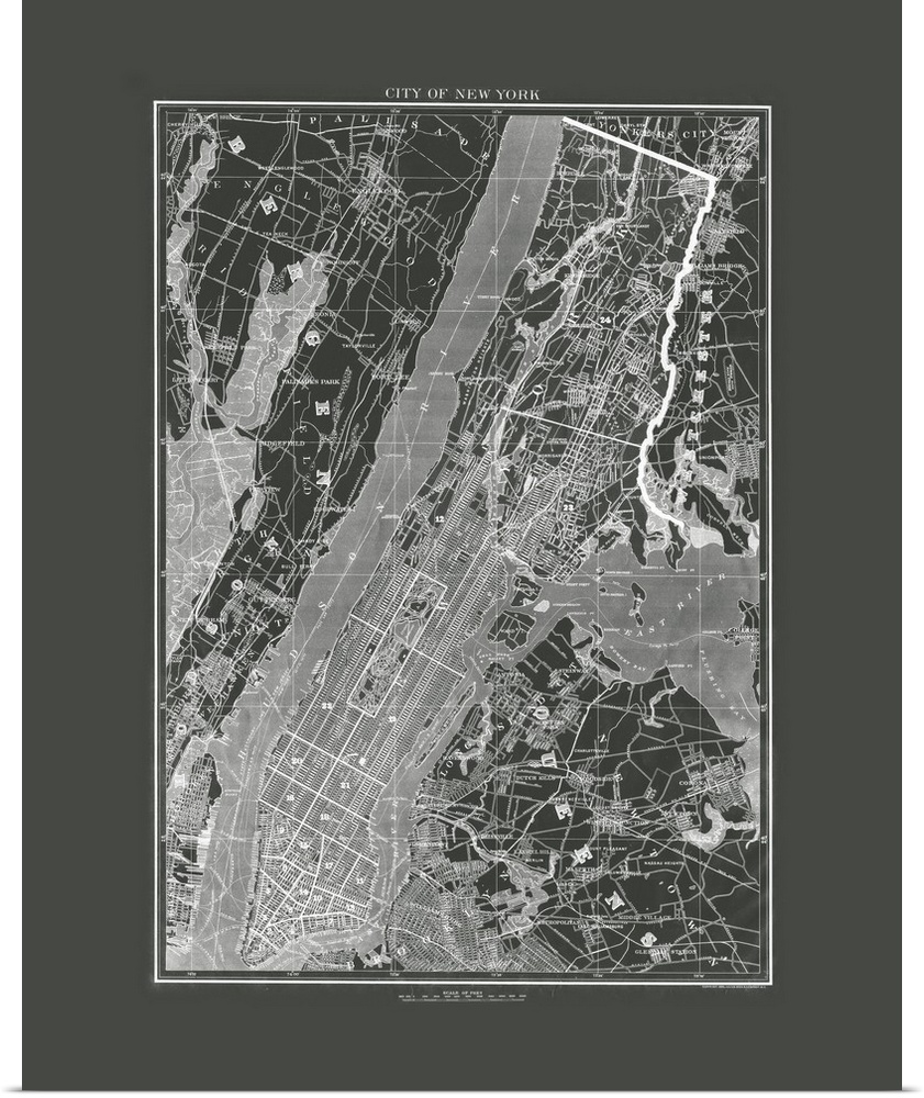 Black and white blueprint style map of New York City with a scale at the bottom.