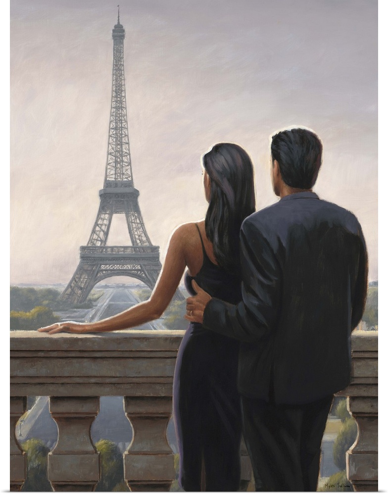 Contemporary painting of a man and woman in fancy dress on a balcony with the Eiffel Tower in the distance.