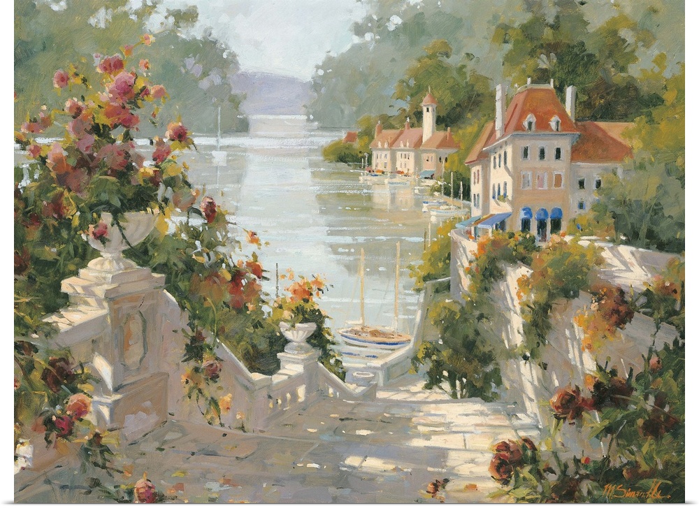 Contemporary painting of an old Italian village, with stone steps leading to its harbor.