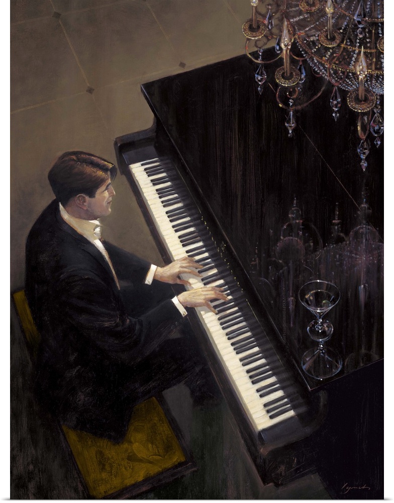 Contemporary painting of a man playing a piano, with chandelier over head.