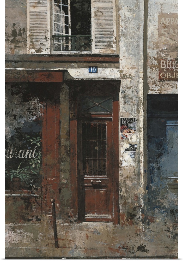 Contemporary painting of a red door and storefront downtown in a city.