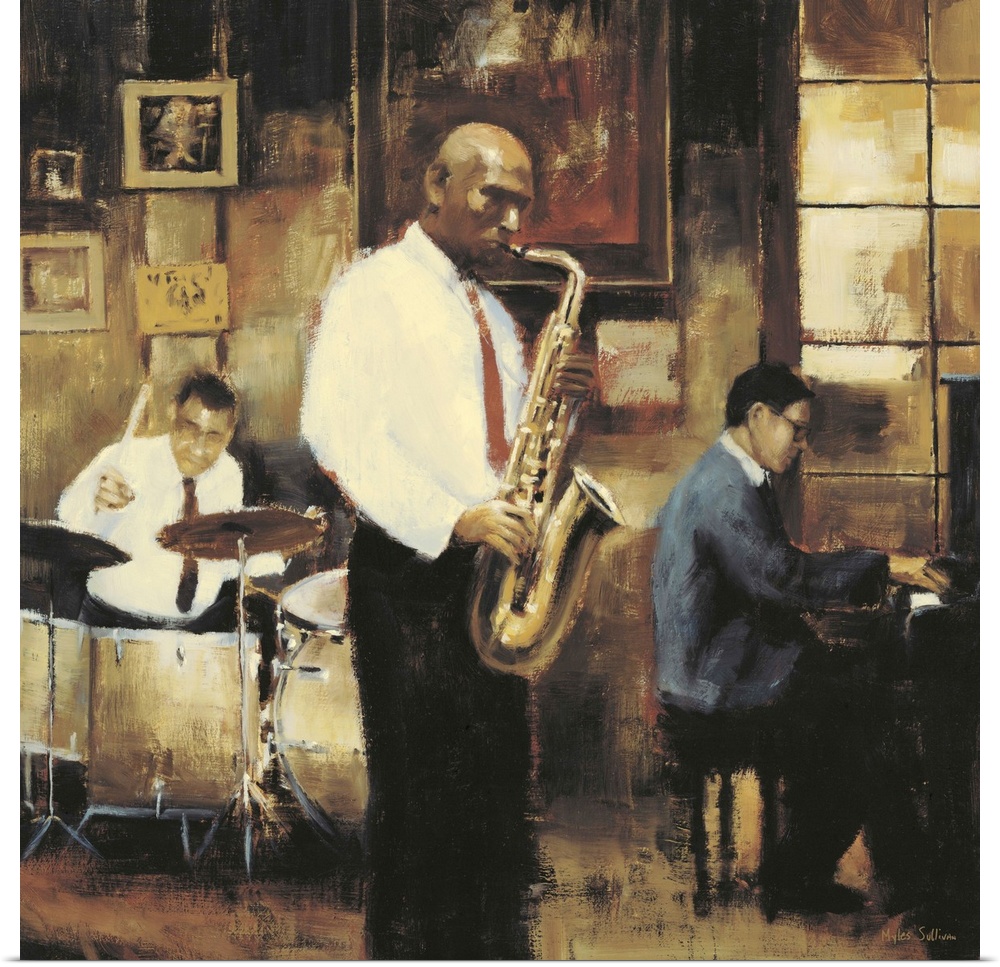 Contemporary painting of a group of jazz musicians, with focus on the saxophone player.