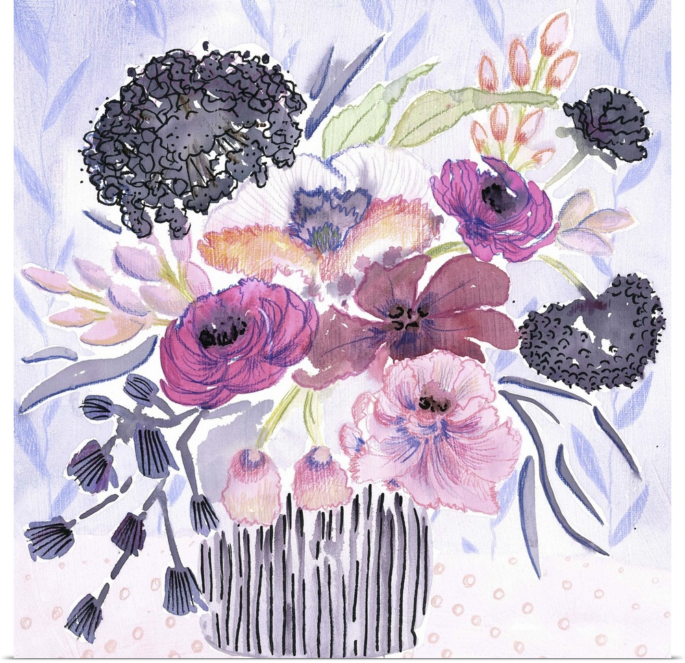 Watercolor art print of a bouquet of purple and lavender flowers in a striped vase.