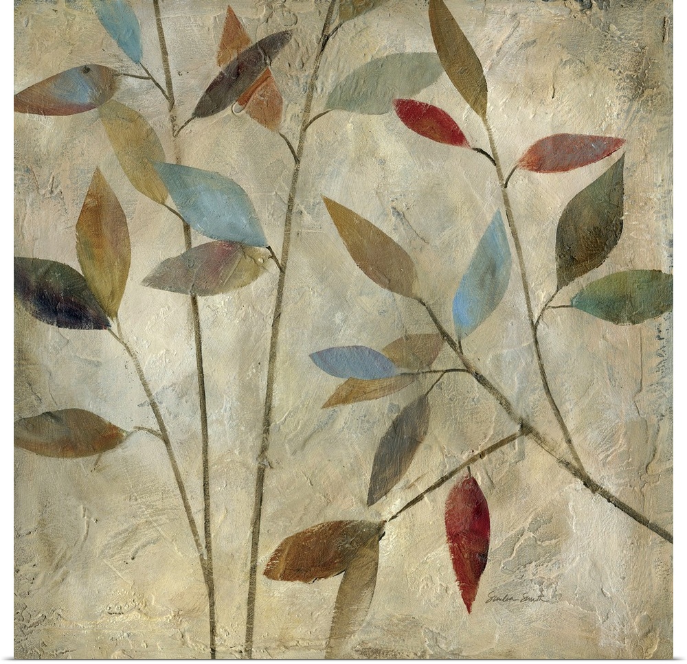 Painting of thin branches with different colored leaves in muted colors.