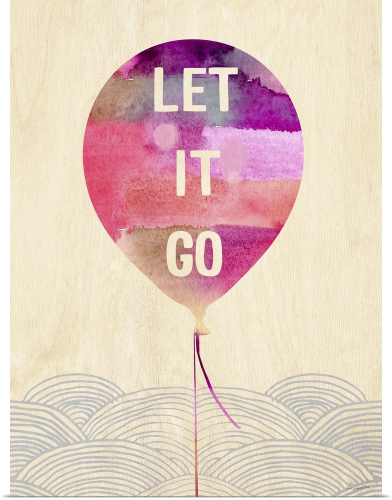 Contemporary watercolor painting of a pink balloon with text in it.