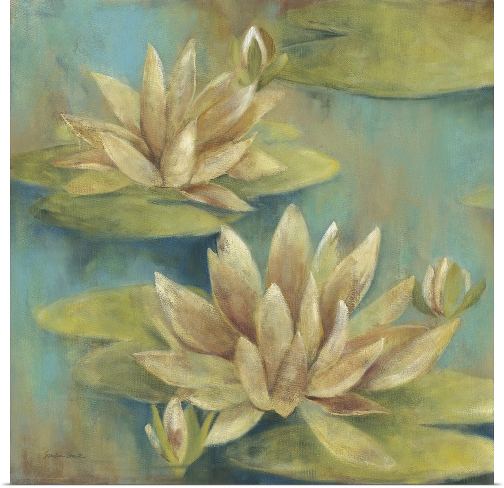Square painting of two water lily flowers floating in the water.