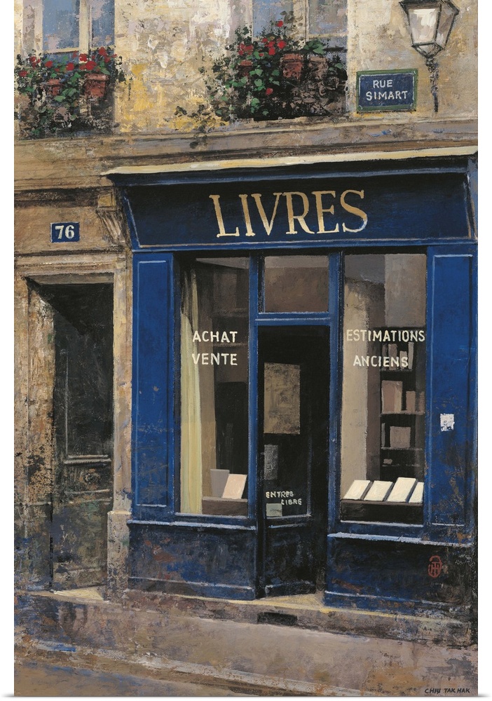 Contemporary painting of a Bookstore storefront downtown in a city.
