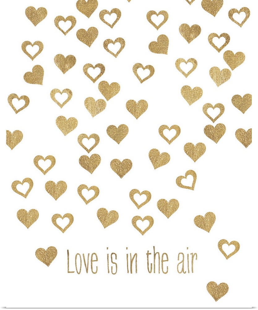 Gold lettering and floating heart shapes against a white background.