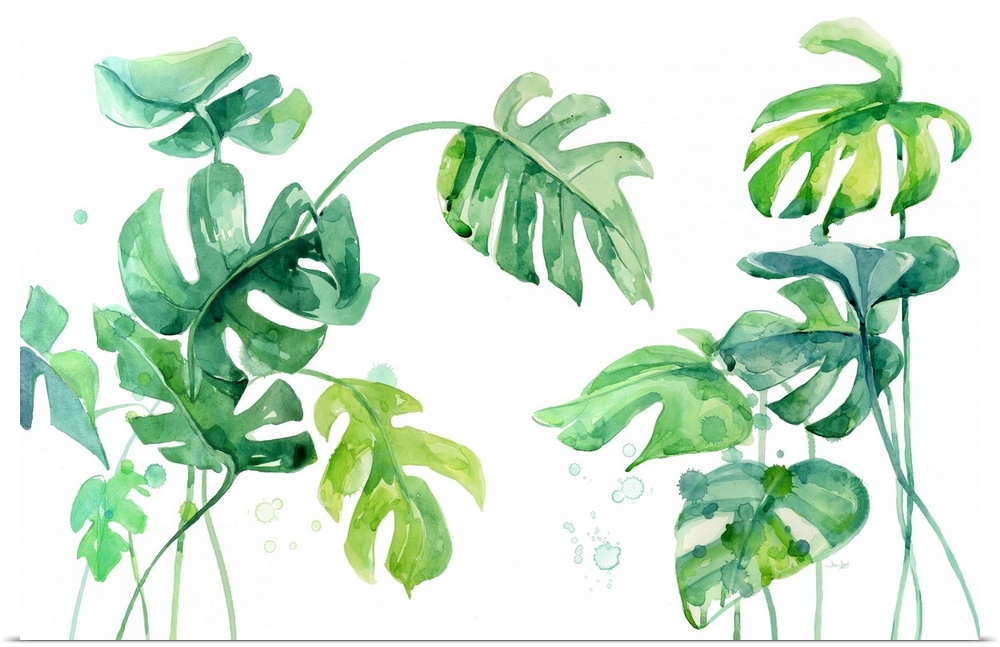 Large painting of tropical palm leaves in shades of green and blue on a white background.