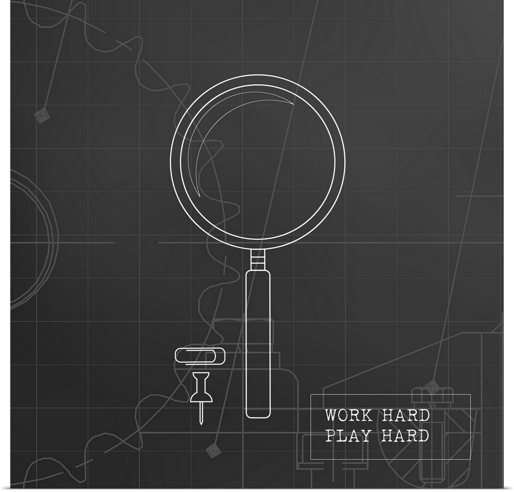 Illustration of a magnifying glass, a tack, and a paperclip in a black and white blueprint style with "Work Hard Play Hard...