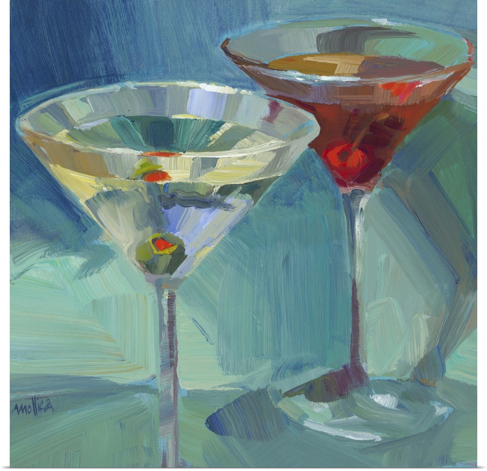 Contemporary painting of colorful cocktails against a dark blue background.