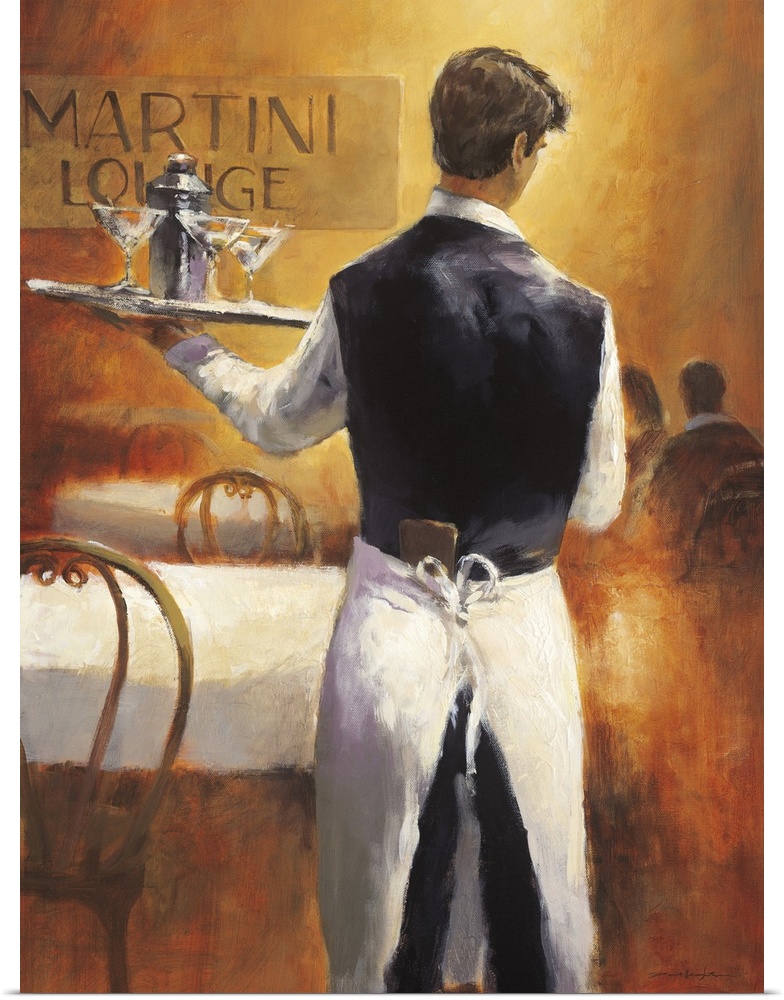 Contemporary painting of a waiter holding a serving tray of cocktails.