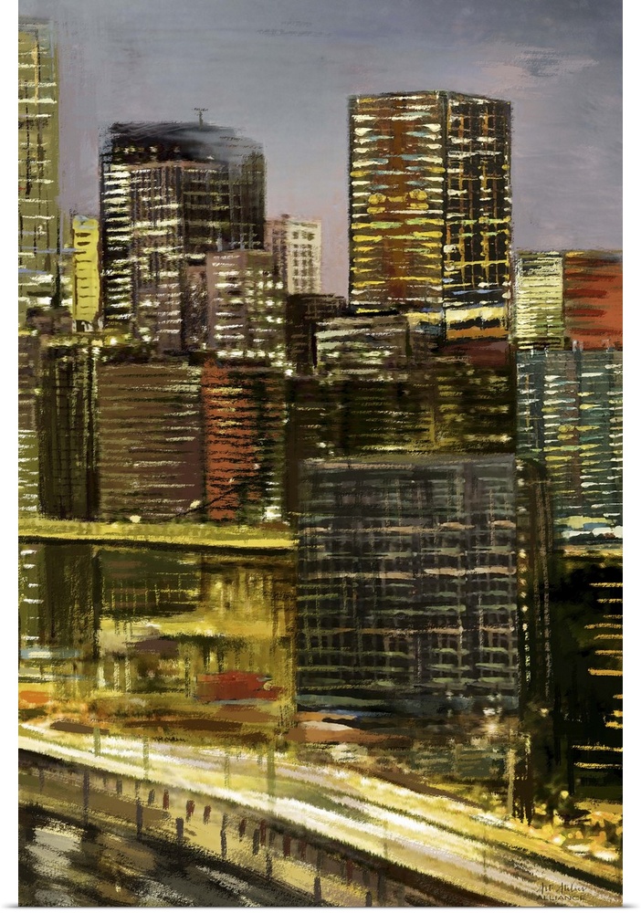 Contemporary artwork of a city skyline under a night sky.