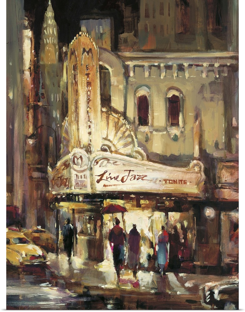Contemporary painting of people gathering outside of a theater for a show.