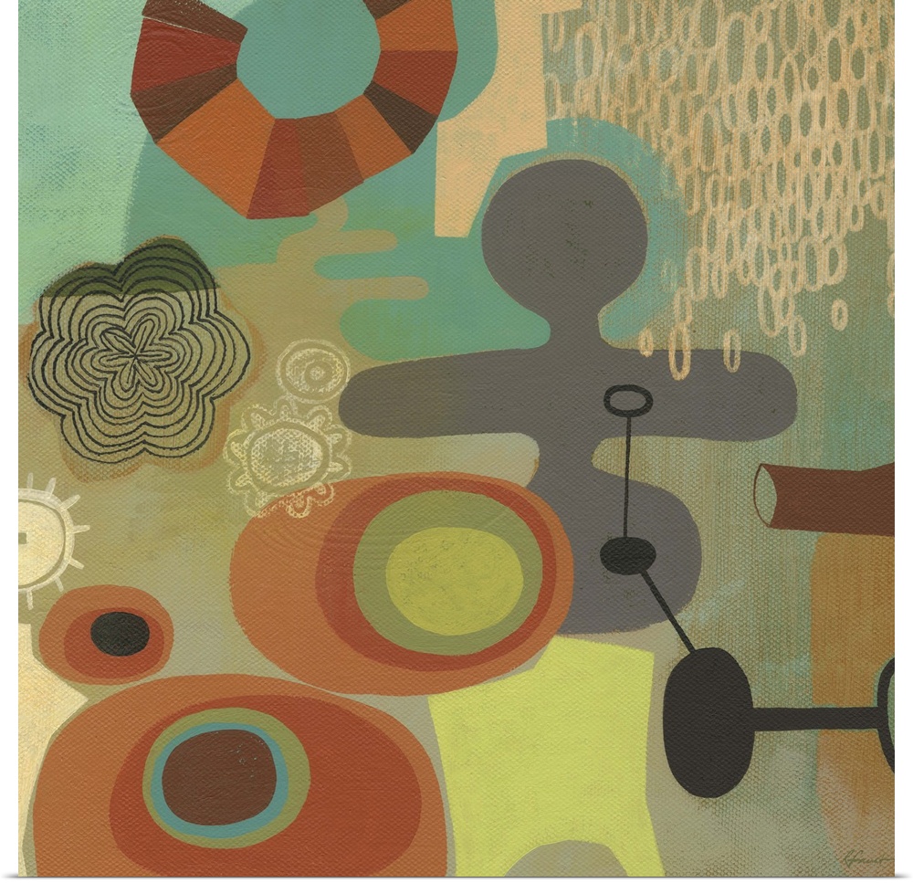 Contemporary painting with a retro feel of colorful shapes and patterns.