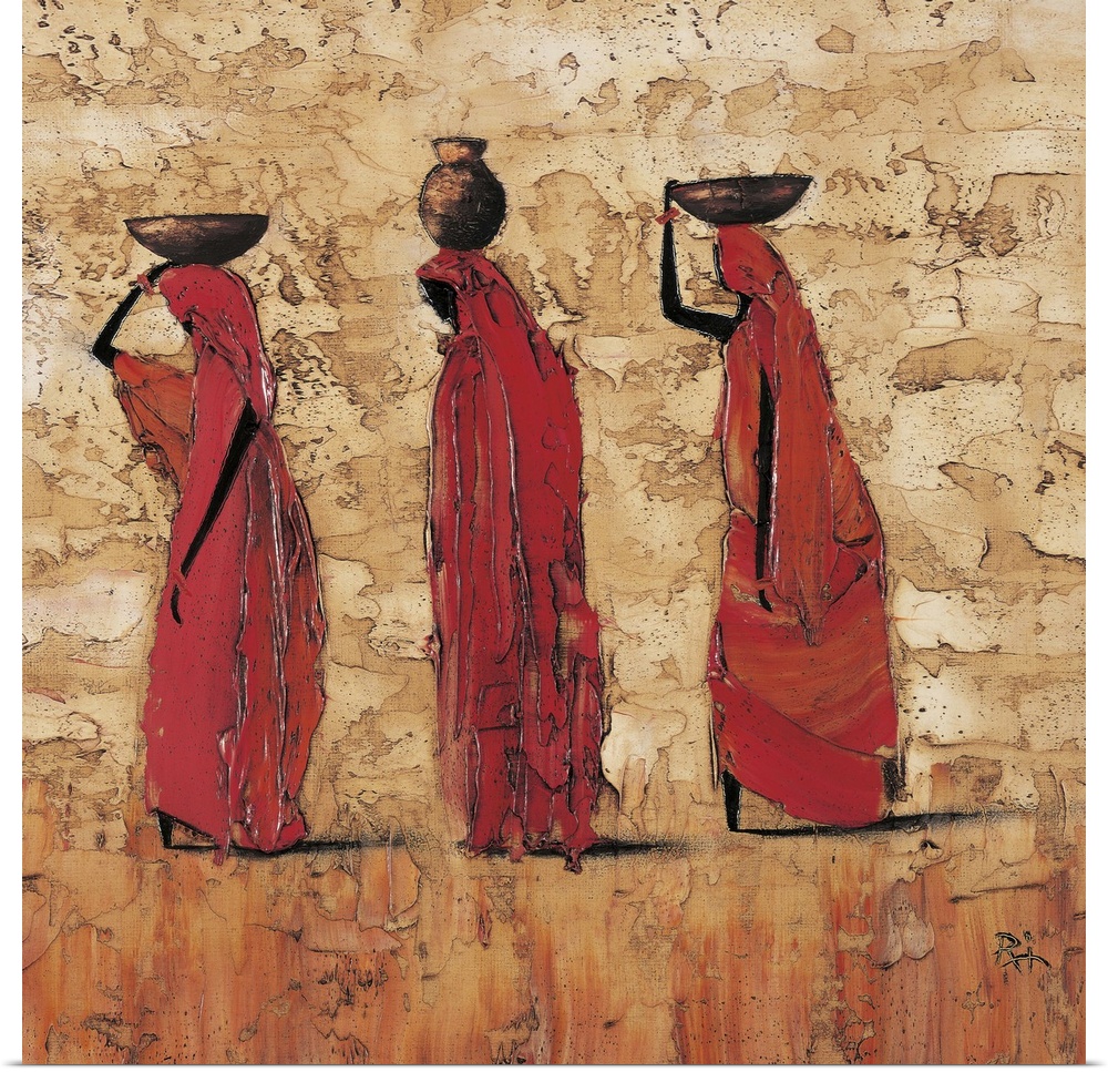 Contemporary painting of tribal figures carrying food and water on their heads.