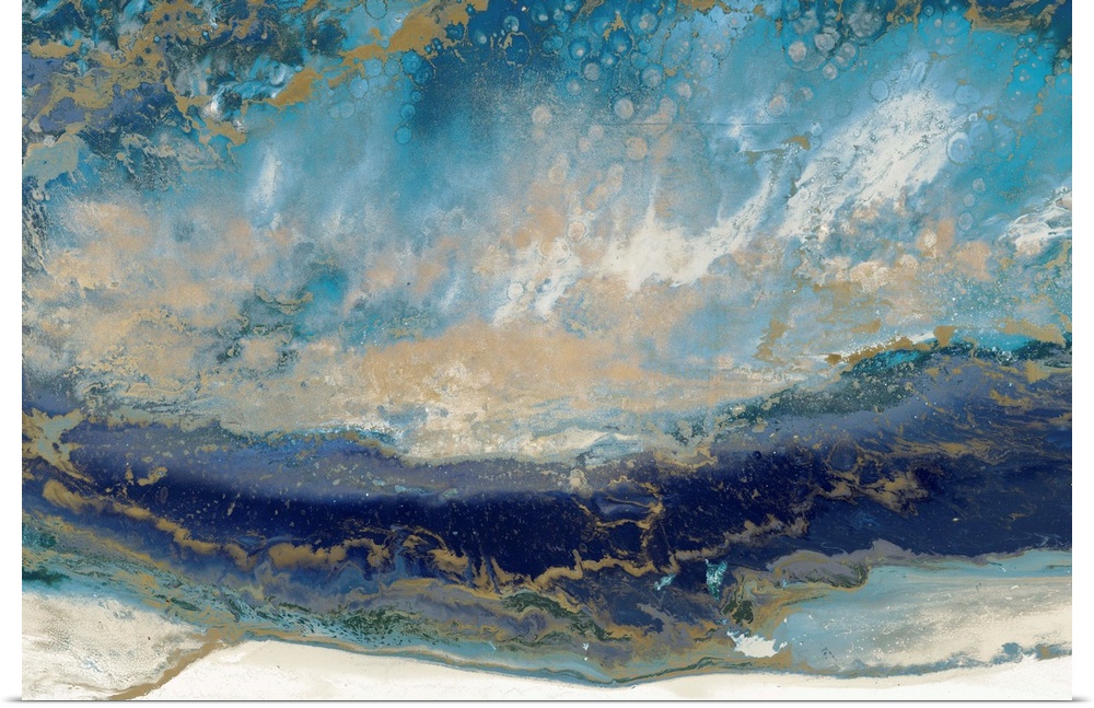 Contemporary abstract artwork in blue and gold, resembling a seascape.