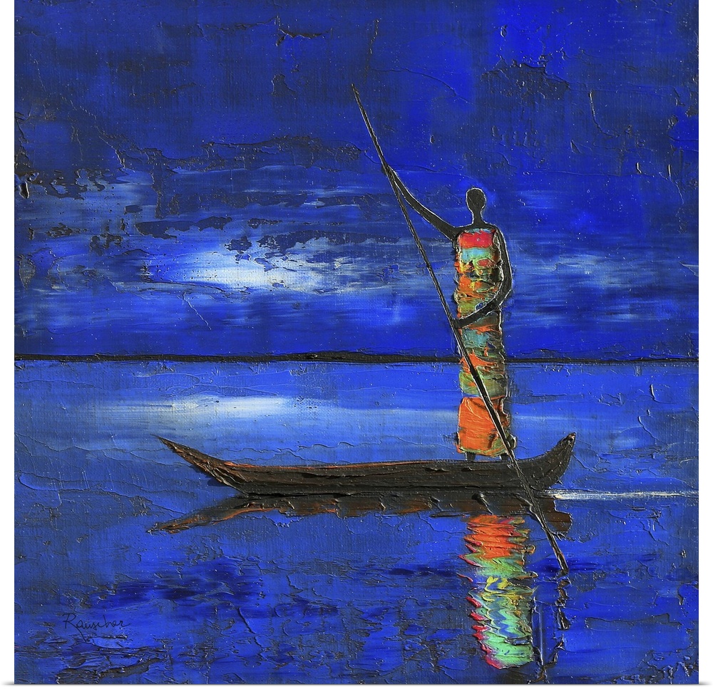 Contemporary African art of a female figure standing at the end of a boat casting a reflection in the water.