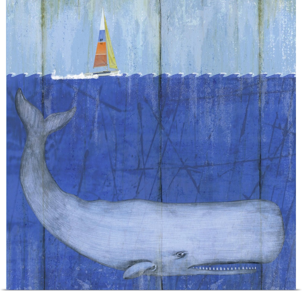 Contemporary nautical painting of a cross section of an ocean scene with a giant whale below the surface of the water.